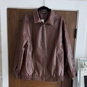 Woman's Brown Faux Leather Bomber Jacket